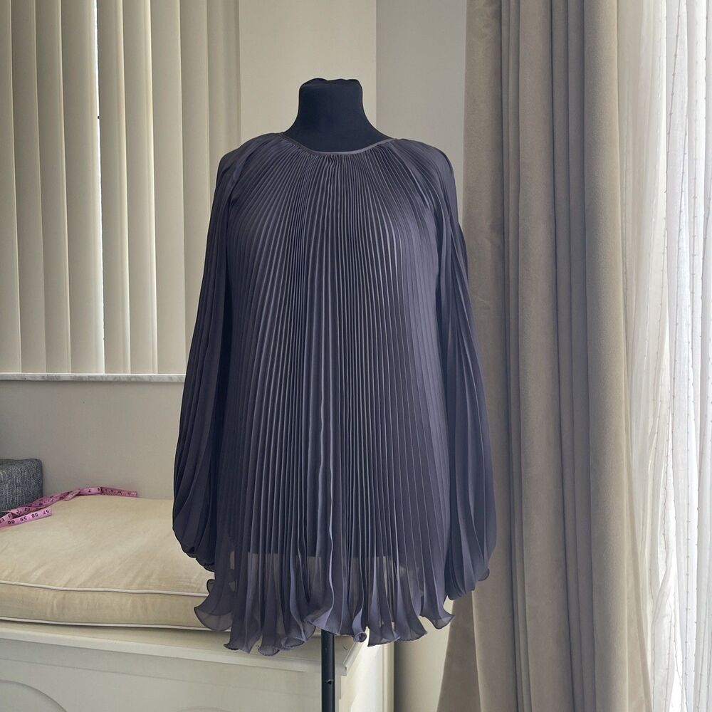 Sportmax Plisse Pleated Blouse High Neck Gray Charcoal Voluminous Sleeve Top M